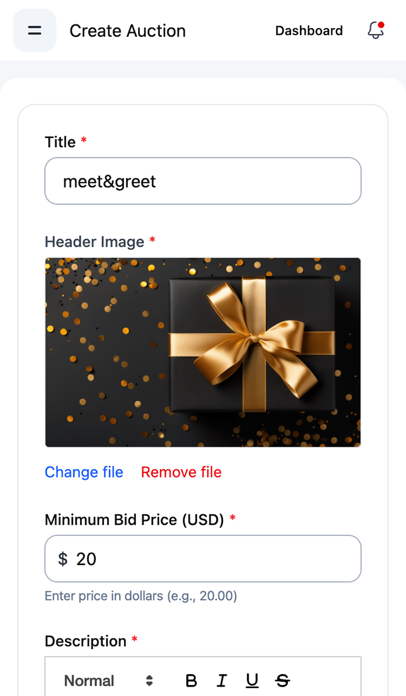 Create auction screen
