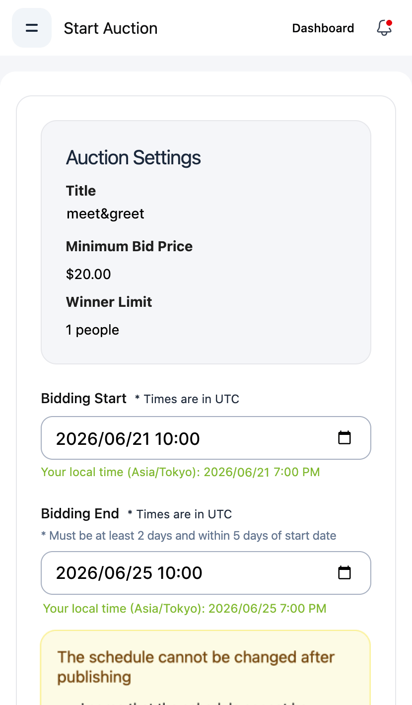 Auction terms screen